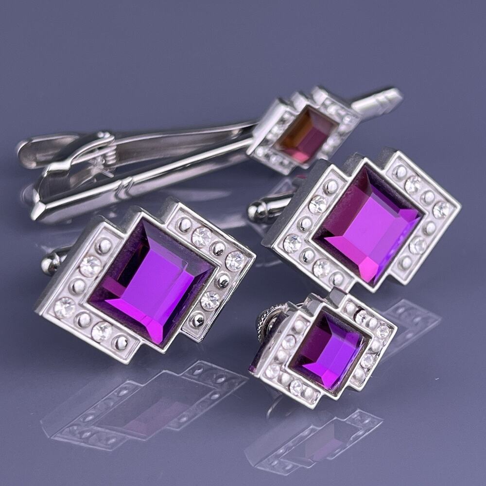 Square Purple White Rhinestone Cufflinks Tie Clip Pin Silver Tone Flashy Vintage
